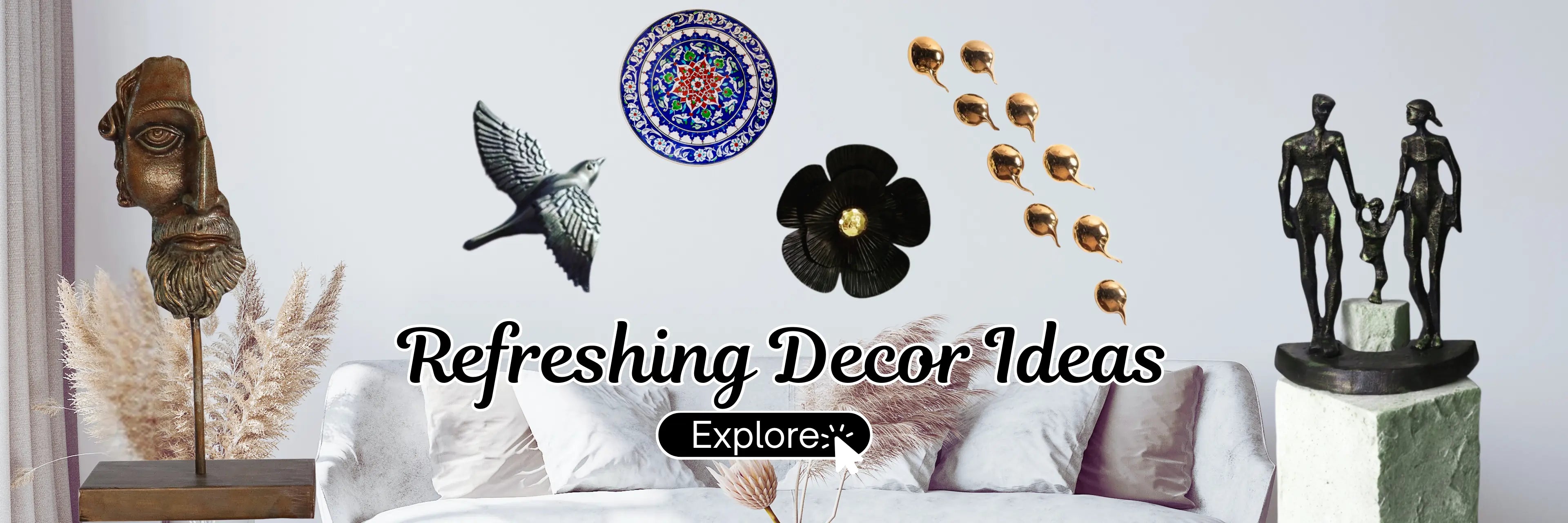 Decorative items including sculptures and a logo on a white wall.