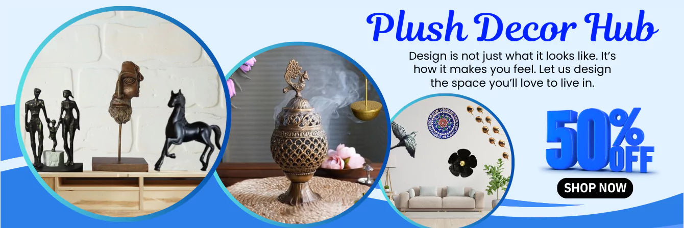 Advertisement for Plush Decor Hub with decorative items and a 50% off offer.