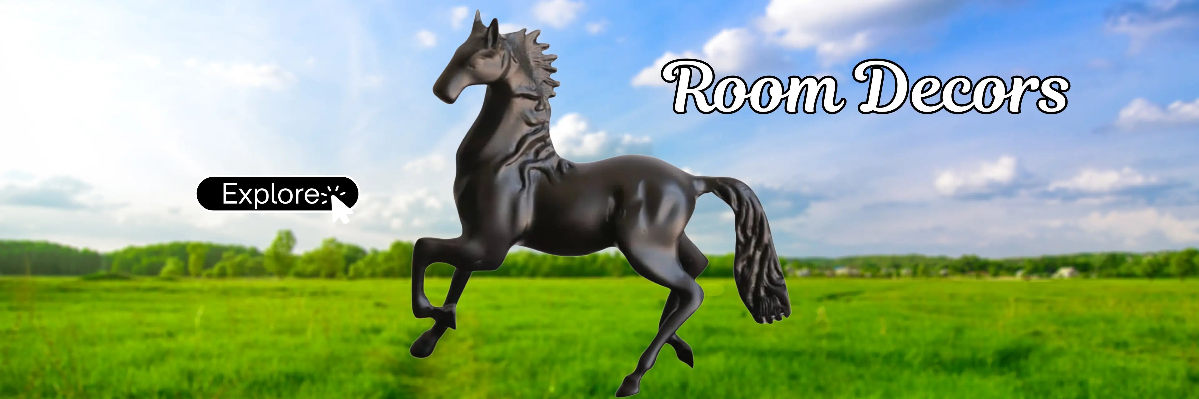 Black horse running in a green field with 'Room Decors' text and 'Explore' button.
