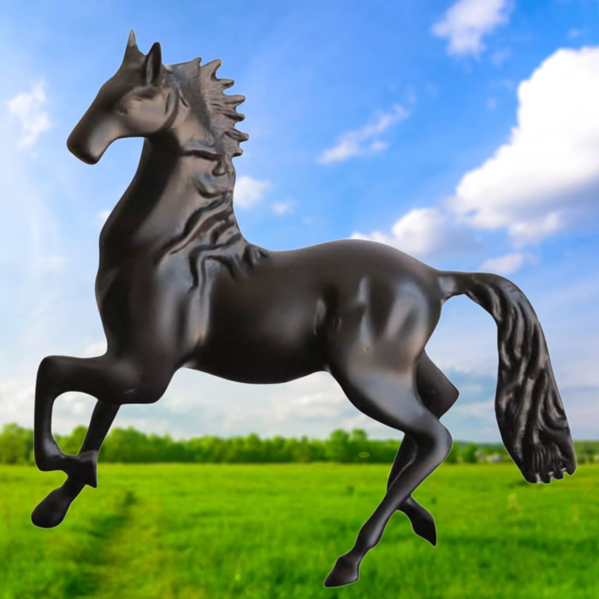 Black horse figurine against a blue sky with clouds and green field background
