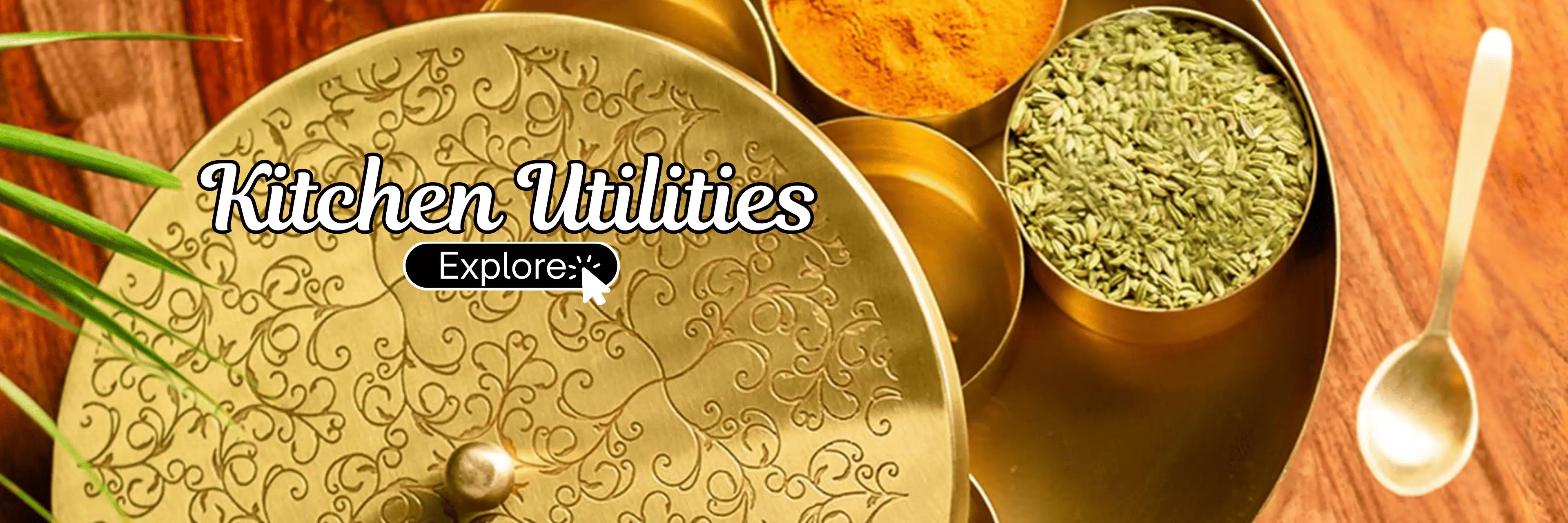Decorative gold kitchenware with text 'Kitchen Utilities' and 'Explore'.