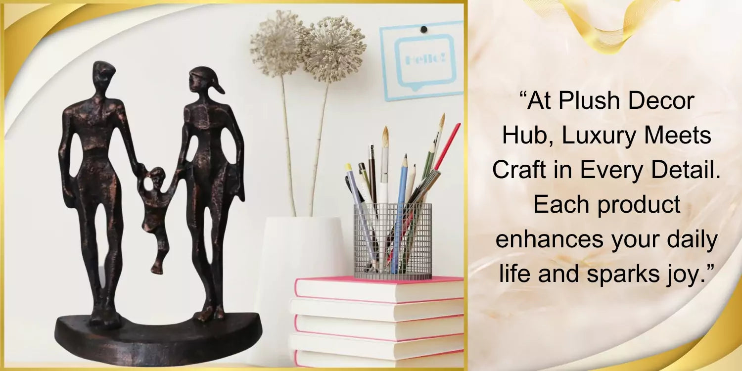 Statue of a family holding hands with decorative items and text about Plush Decor Hub.