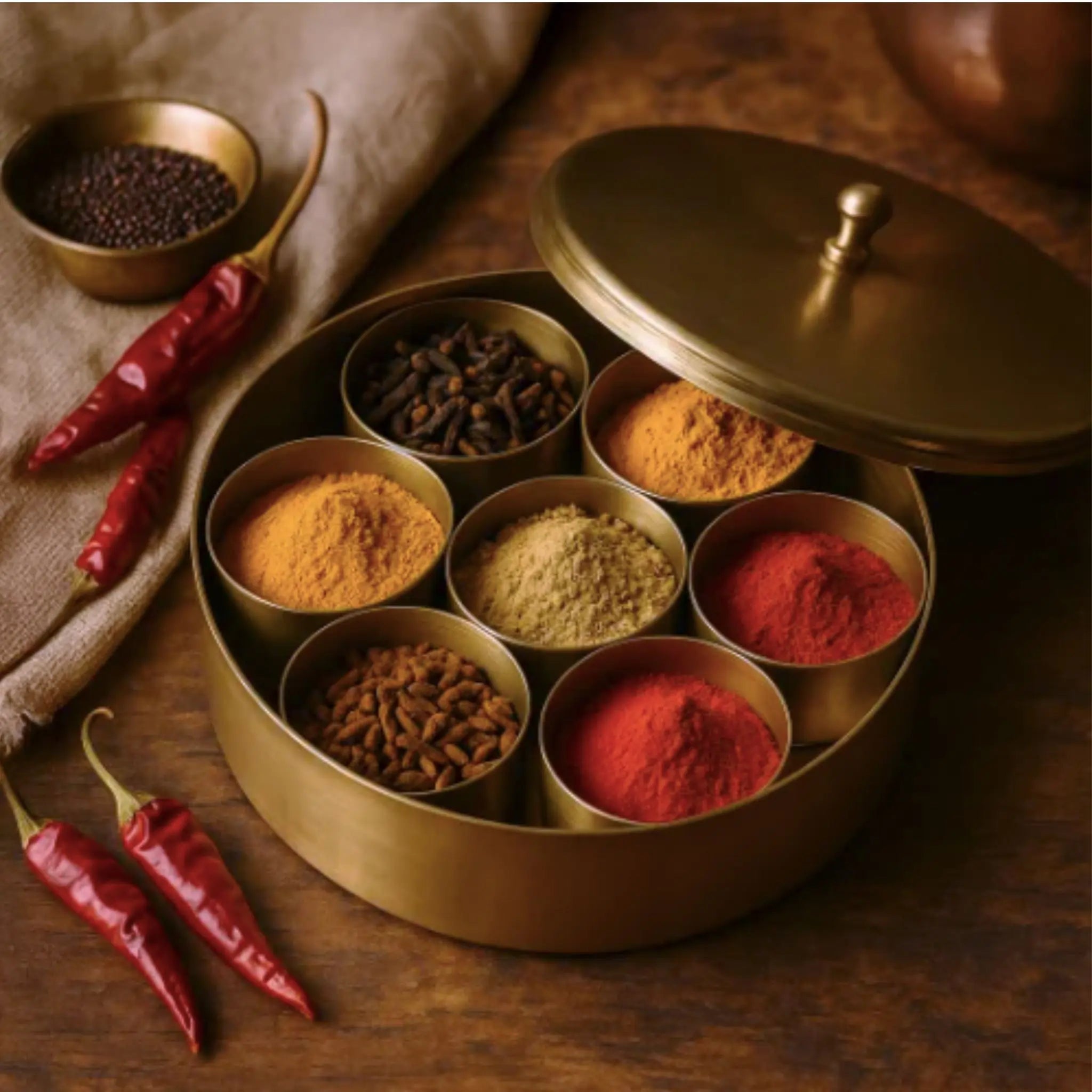 Spice set with various spices in a brass container on a wooden surface with red chili peppers.