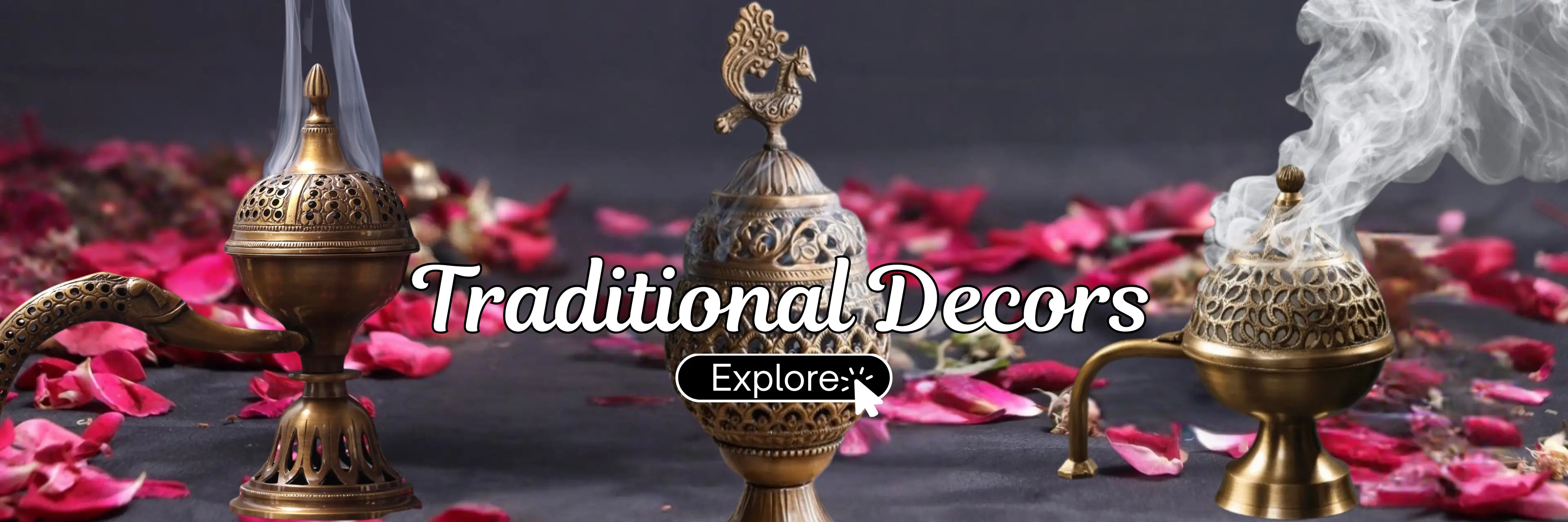Traditional decor items with incense on a dark surface with pink petals